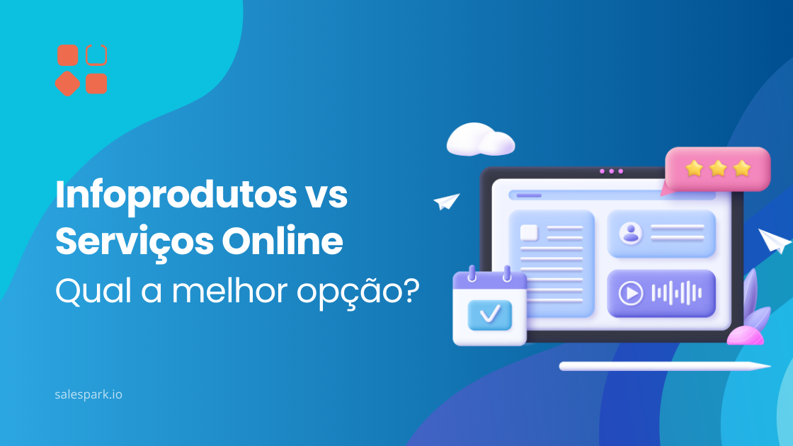 Comparação entre infoprodutos e serviços online para monetização de conhecimento, destacando um computador, um calendário e uma avaliação de qualidade.