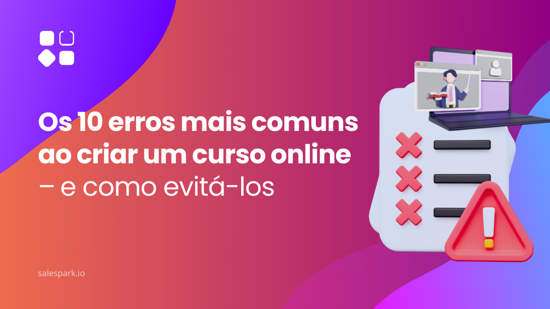 Checklist com erros comuns ao criar um curso online, ao lado de um computador com um professor digital.