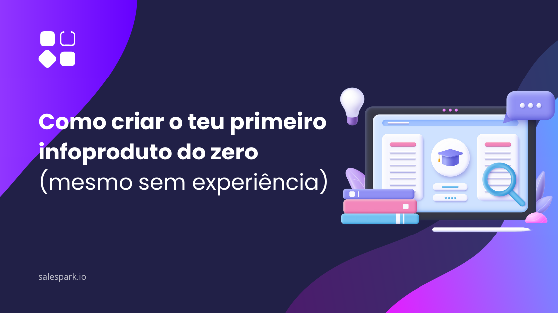 Como criar o teu primeiro infoproduto do zero, mesmo sem experiência – ilustração de e-learning com computador e ícones digitais.