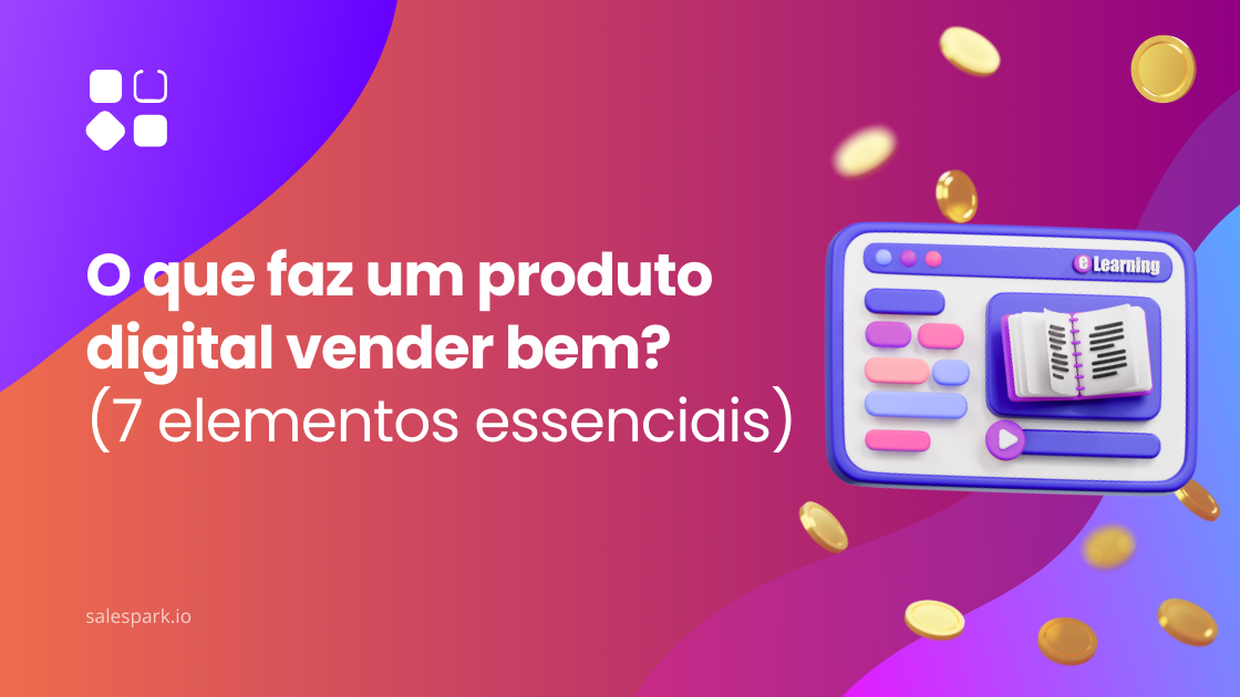 Ilustração colorida com interface de e-learning e moedas douradas a flutuar, representando o que faz um produto digital vender bem.