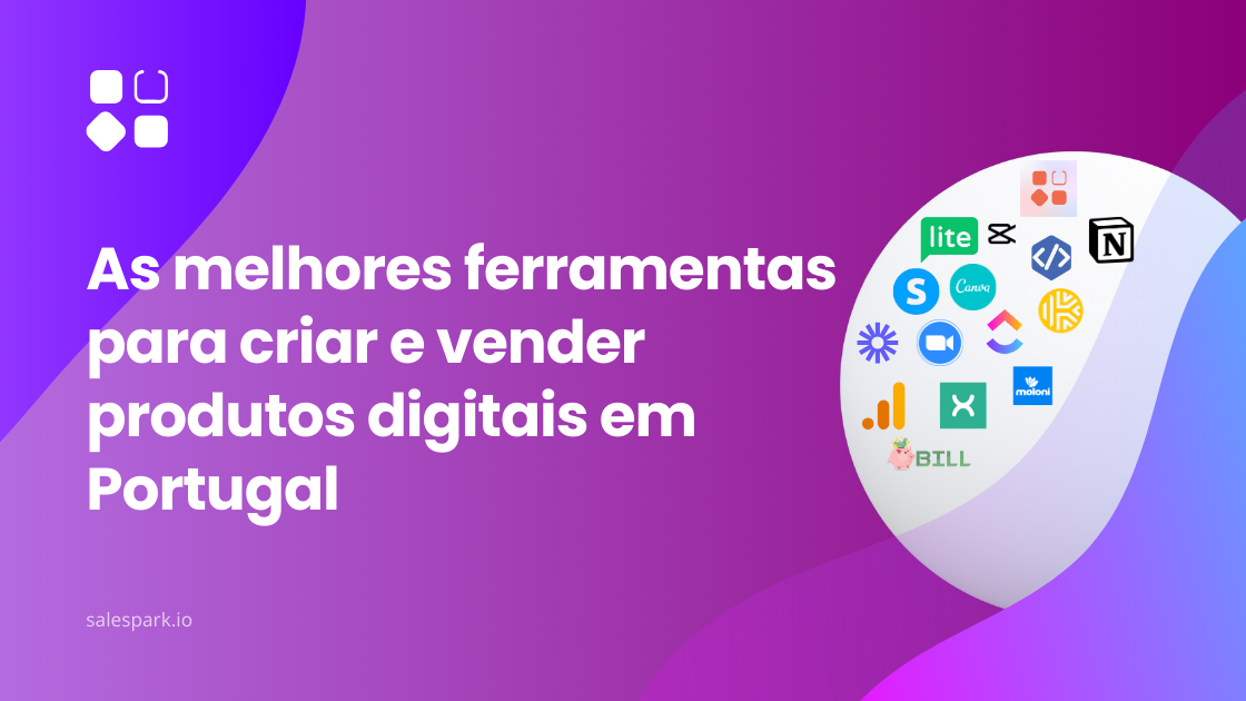 Imagem com fundo em tons de roxo e azul, título “As melhores ferramentas para criar e vender produtos digitais em Portugal” e ícones de várias ferramentas digitais como Canva, MailerLite, Notion, CapCut, Moloni, Bill.pt, Google Analytics, entre outras.