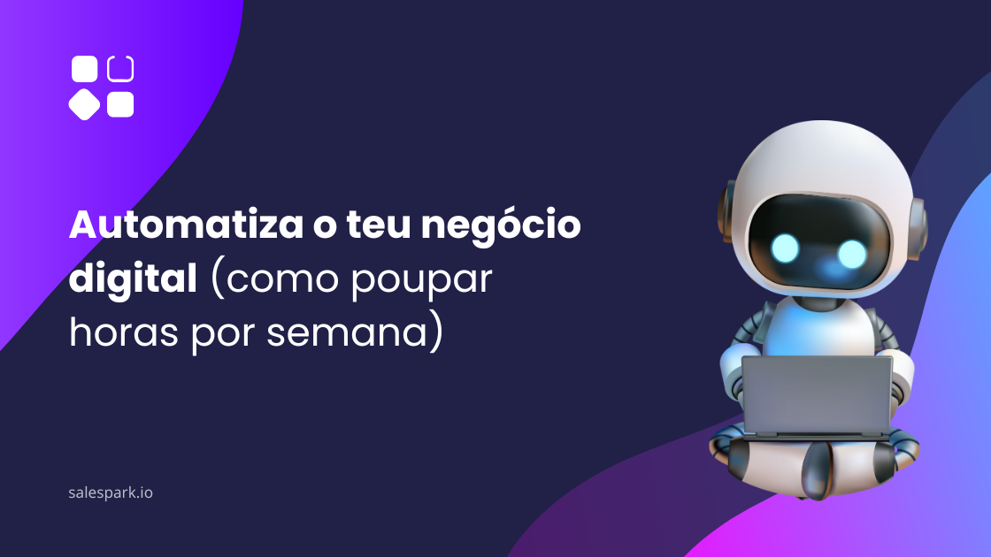 Imagem com fundo roxo e azul, título “Automatiza o teu negócio digital (como poupar horas por semana)” e ilustração de um robô a trabalhar num computador portátil.