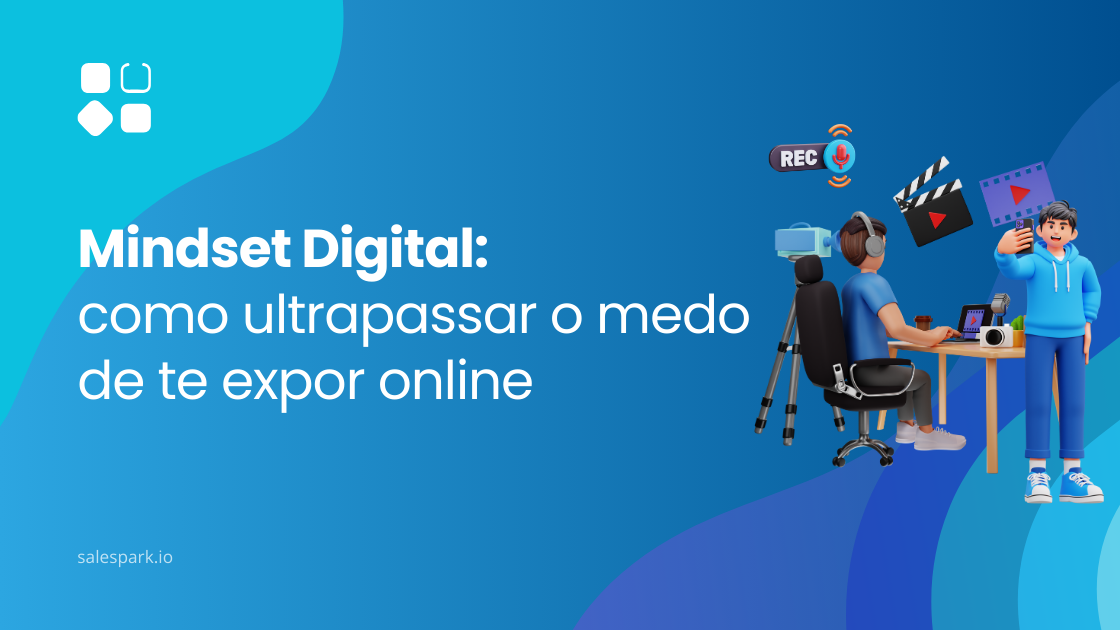 Ilustração de dois criadores digitais a gravar vídeos e criar conteúdos online, com ícones de gravação, claque de cinema e redes sociais, representando o tema “Mindset Digital: como ultrapassar o medo de te expor online”.