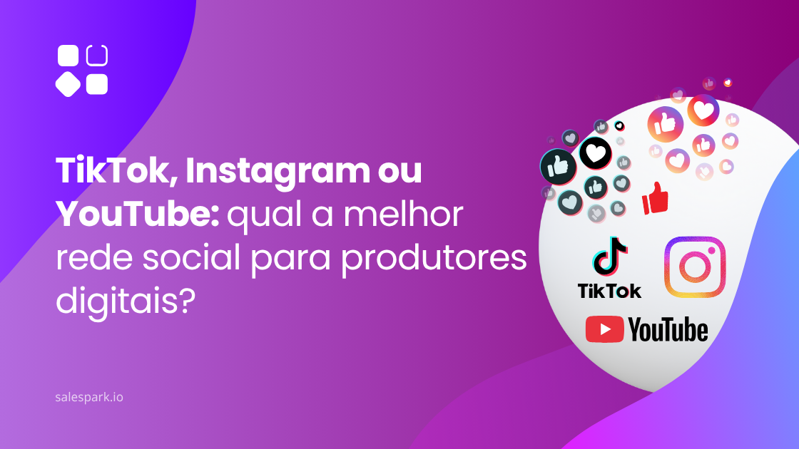 Imagem ilustrativa com ícones do TikTok, Instagram e YouTube e o título “Qual a melhor rede social para produtores digitais?”, representando produtores digitais a escolherem a melhor plataforma para crescer online.