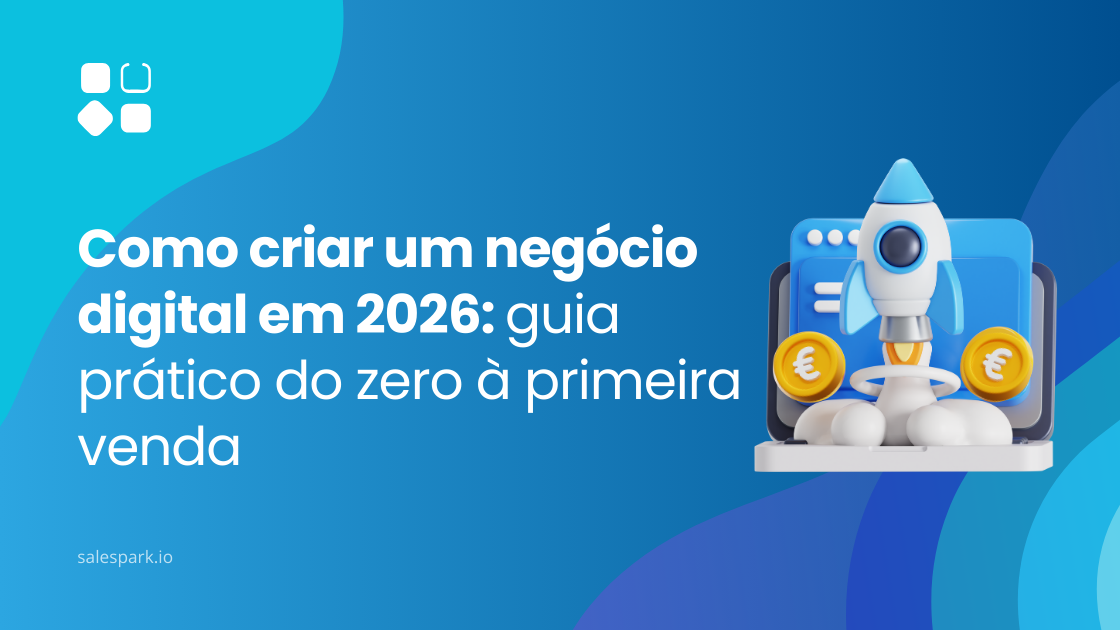 Ilustração sobre como criar um negócio digital em 2026, com um foguetão a representar o lançamento do zero até à primeira venda online.